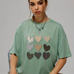 Heart Print Crew Neck T Shirt Loose Fit Short Sleeve Graphic Tee