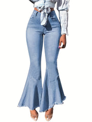 Flared Leg Jeans Button Fly Fringe Trim Casual Washed Womens