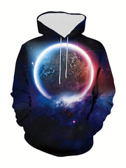 Planet Print Hoodies For Men Graphic Sweatshirt With Kangaroo Pocket