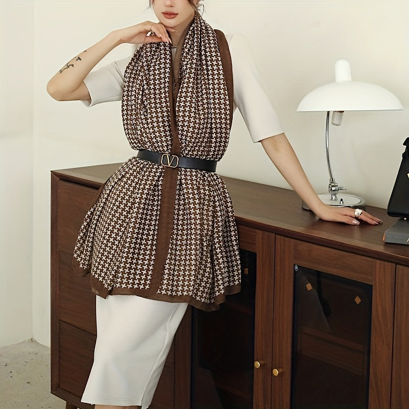 Brown Houndstooth Print Large Scarf Shawl Sunscreen Head Wrap