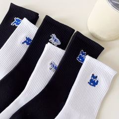 6 Pairs Fox Embroidery Socks - Comfy & Breathable Mid Tube Women's Stockings