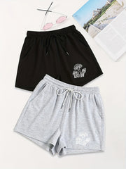 Drawstring Shorts 2 Pack Mushroom Print Loose Casual Women's Shorts