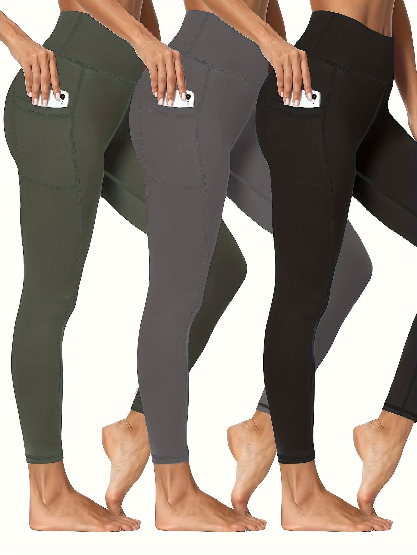 3 Pack Plus Size Sports Leggings Women's Plus Solid Pipping High Stretch Yoga