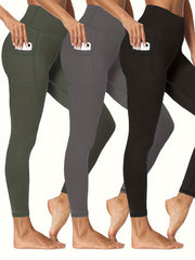 3 Pack Plus Size Sports Leggings Women's Plus Solid Pipping High Stretch Yoga