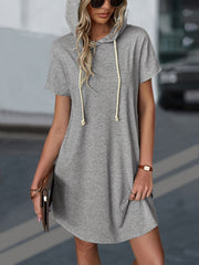 Drawstring Hooded Dress Casual Short Sleeve Solid Dress
