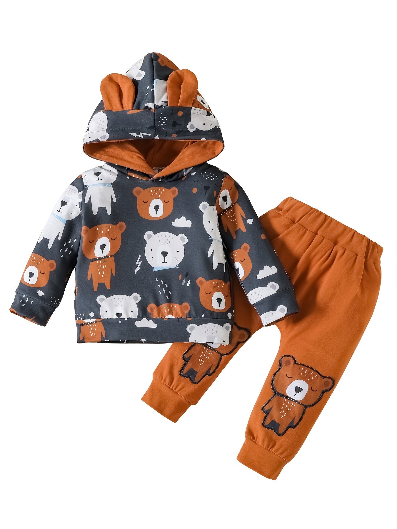 Baby Boys Cotton Bear Print Hoodies & Sweatpants Set