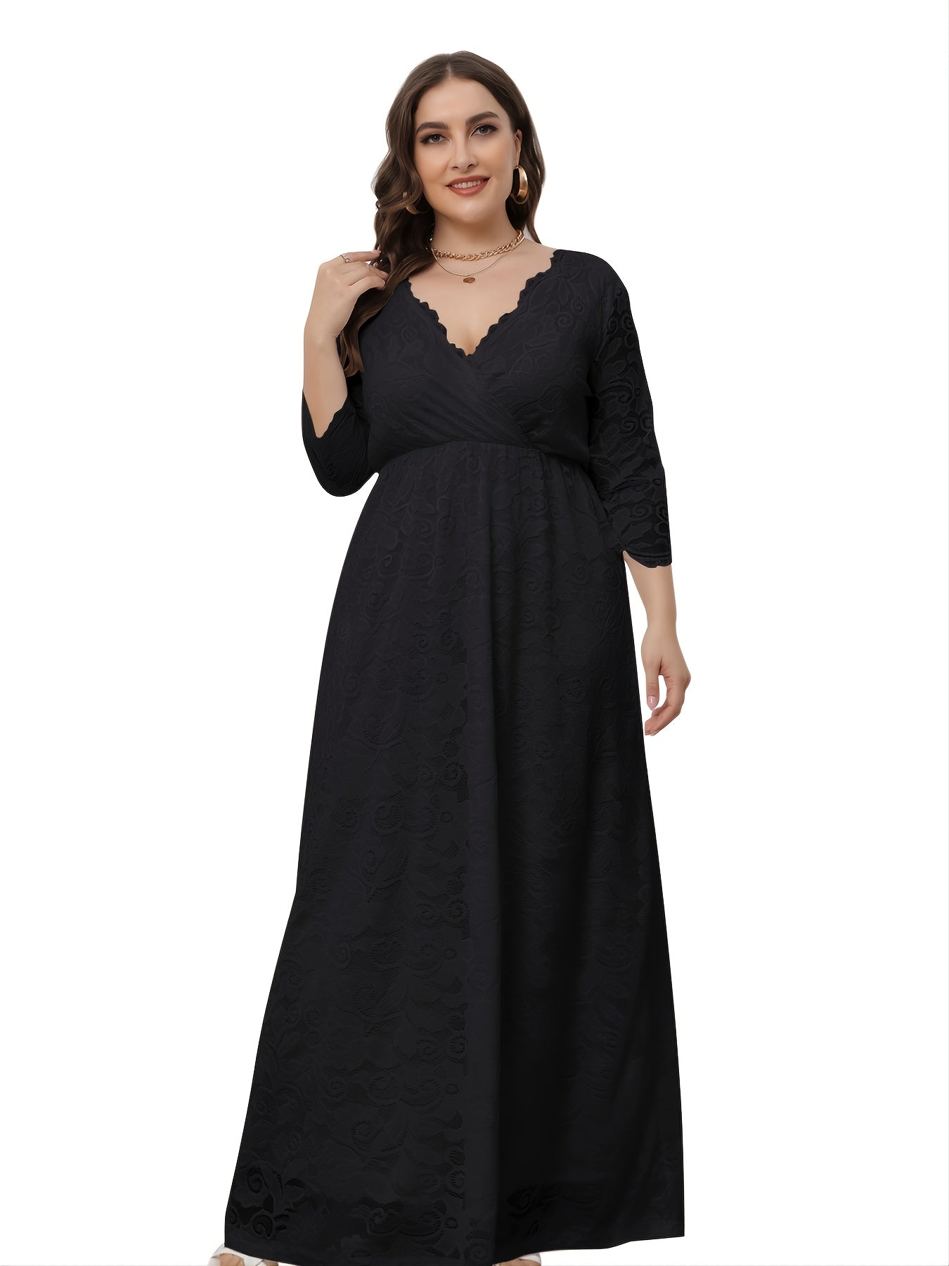 Lace Deep V Neck 3/4 Sleeve Wedding Maxi Dress