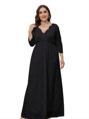 Lace Deep V Neck 3/4 Sleeve Wedding Maxi Dress