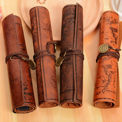 Retro Pencil Case Canvas Faux Leather Large Capacity Roll Pencil Bag