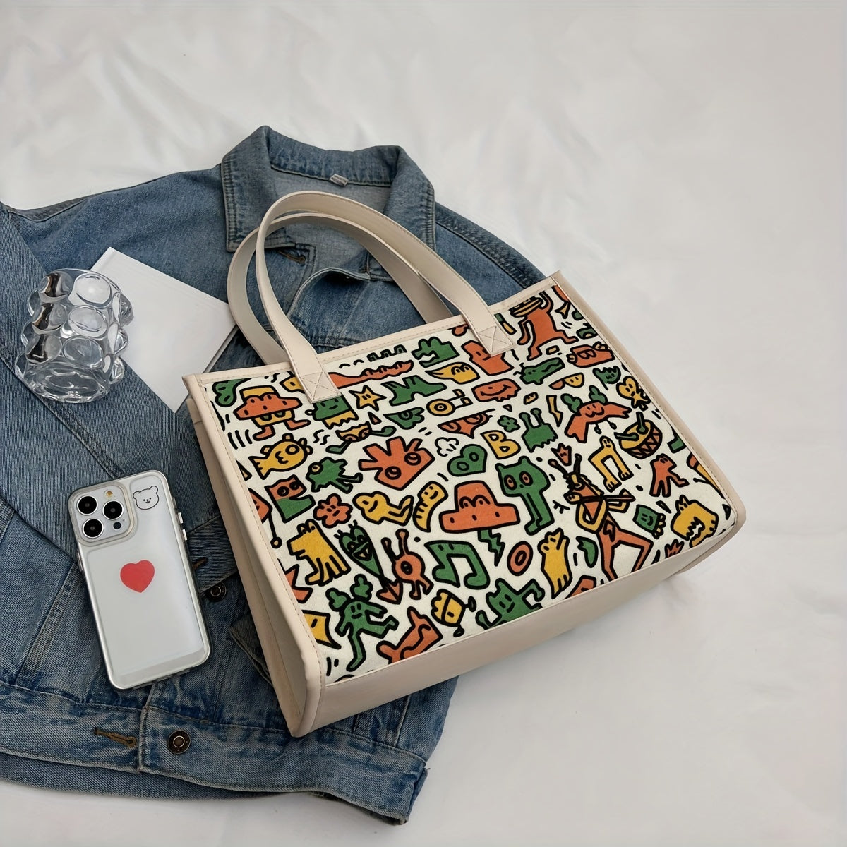 Cartoon Print Tote Bag Large Capacity Canvas Handbag Women's Casual Shoulder Bag