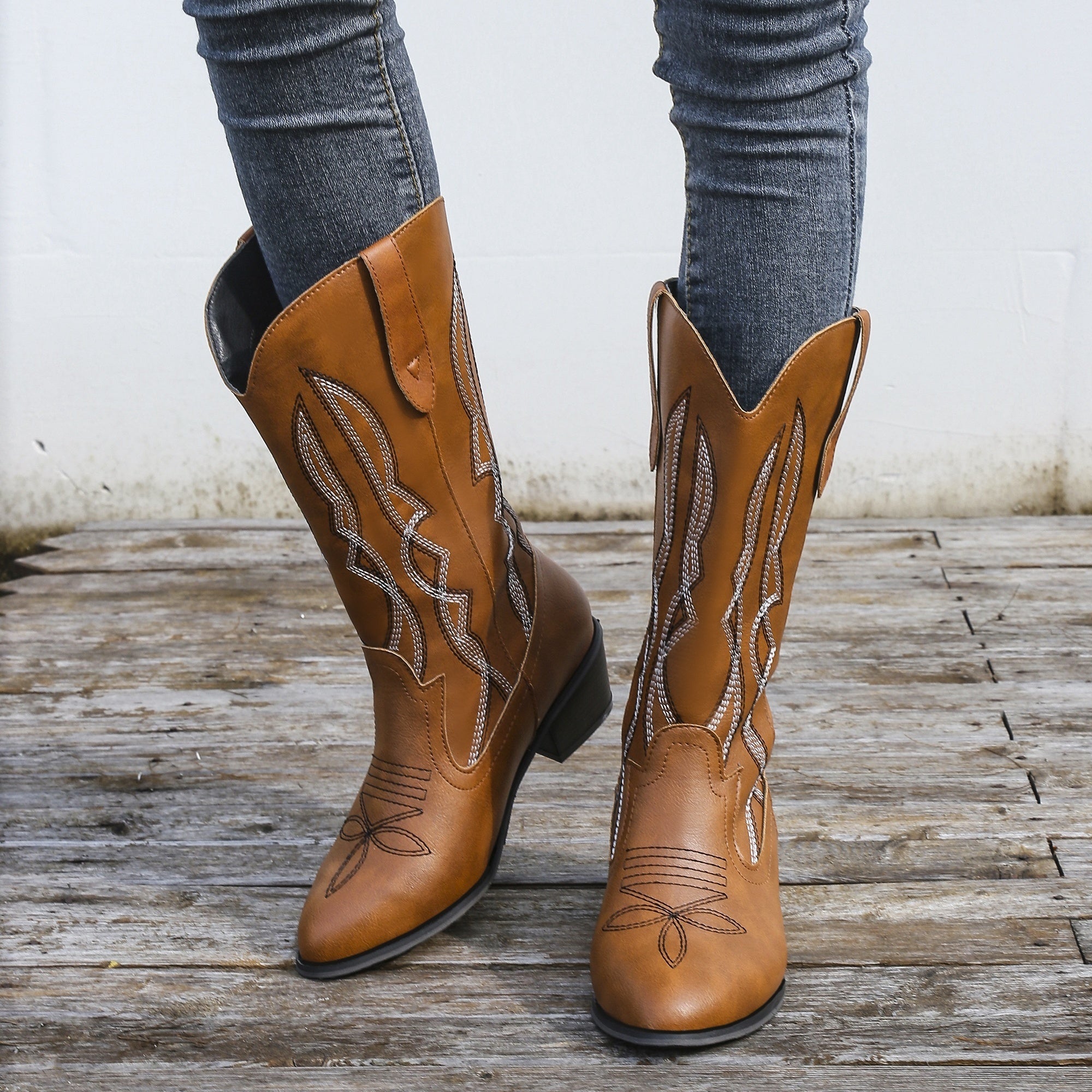Women's Ethnic Style Embroidery Mid Calf Boots Chunky Heel Slip On Shoes
