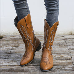 Women's Ethnic Style Embroidery Mid Calf Boots Chunky Heel Slip On Shoes