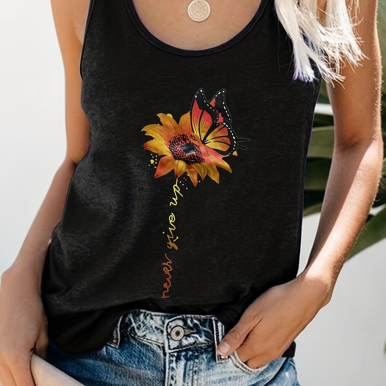 Butterfly & Floral Print Tank Top Sleeveless Summer Tank