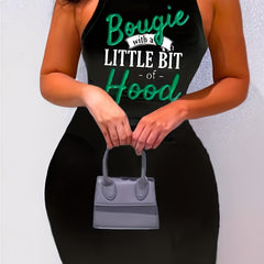 Women's Tank Dress Slogan Print Round Neck Stretch Slim Fit