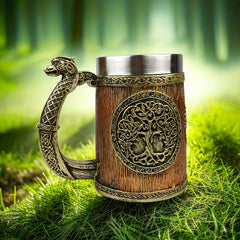 Yggdrasil Tree of Life Steel Coffee Mug Insulated with Serpent Handle