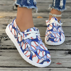 Love Heart Shape Baseball Pattern Flat Shoes Women's Shallow Mouth Casual Shoes