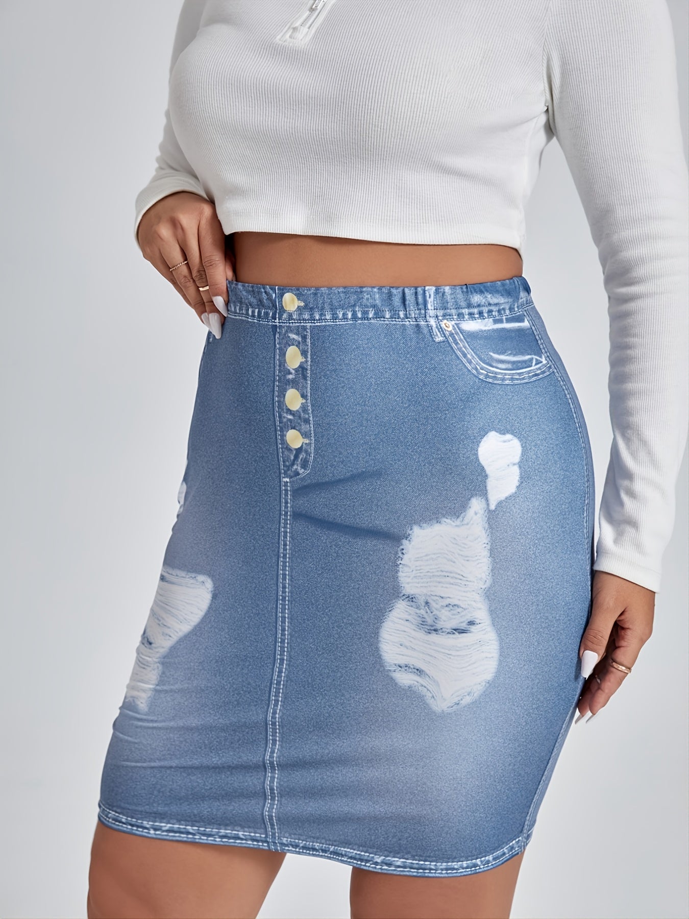 Denim Print High Waist Bodycon Skirt