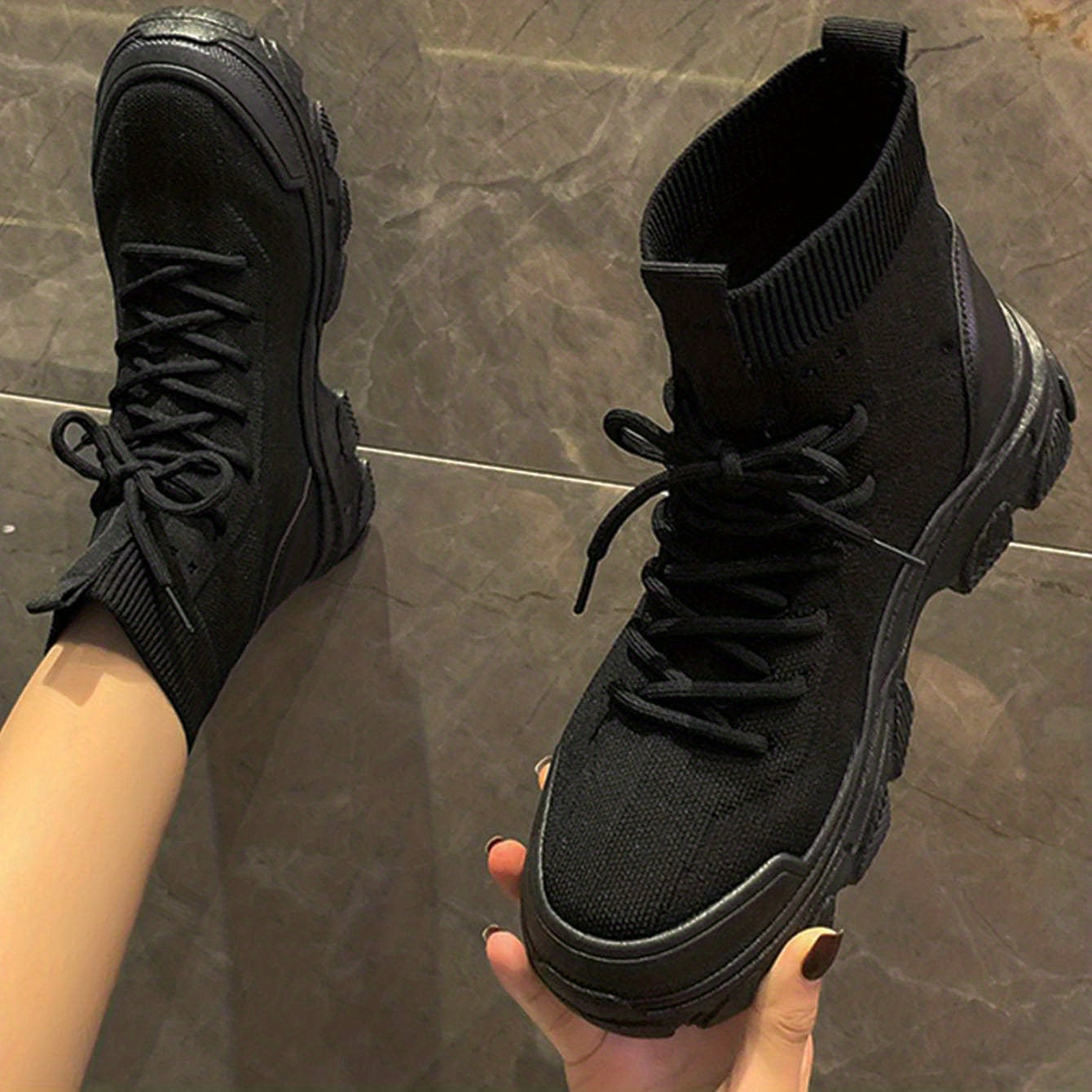 Knitted Ankle Boots Lace Up Combat Boots Elastic Platform Boots