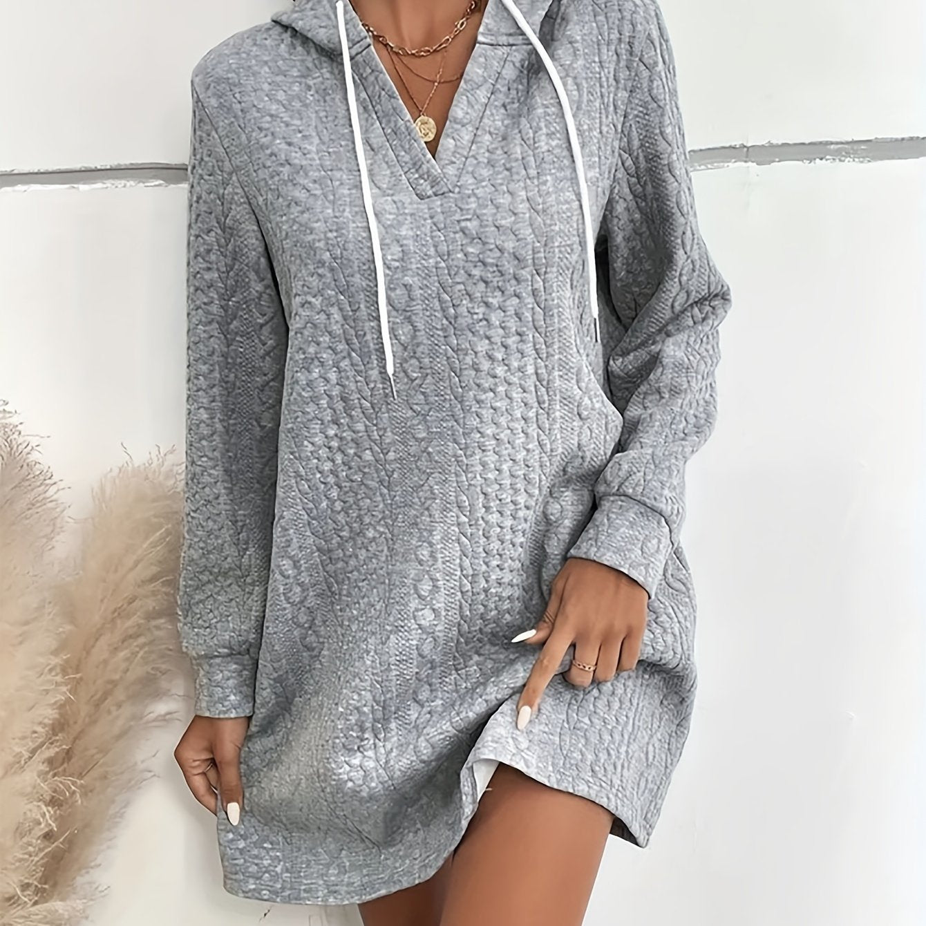 Casual Dress Women's Plus Solid Jacquard Hoodie Mini Dress