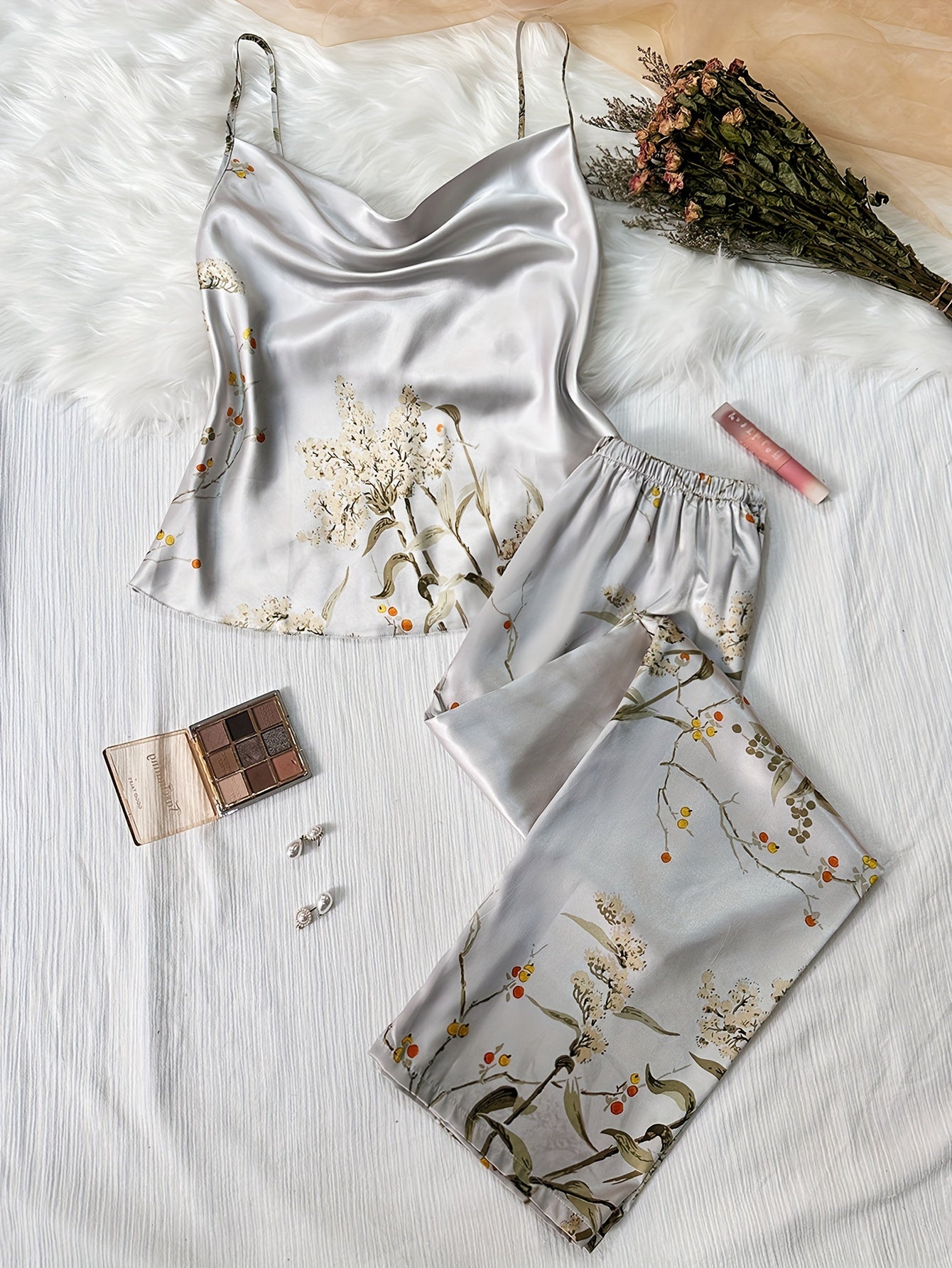 Floral Print Pajama Set Draped Collar Cami Top & Elastic Waistband Pants