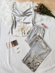 Floral Print Pajama Set Draped Collar Cami Top & Elastic Waistband Pants