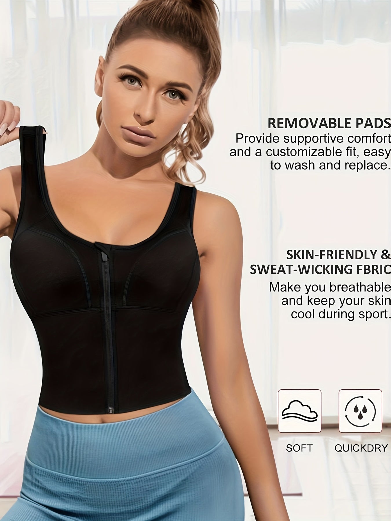 Women's Longline Sports Bra Zip Front Yoga Tank Top