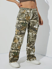 Retro Jeans Women's Plus Leaf Print Cargo Denim Pants