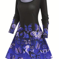Casual Dress Women's Plus Butterfly Print Long Sleeve Round Neck