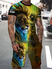 Lion 3d Pattern Men's 2 Piece Outfits Short Sleeve T-shirt And Shorts Set
