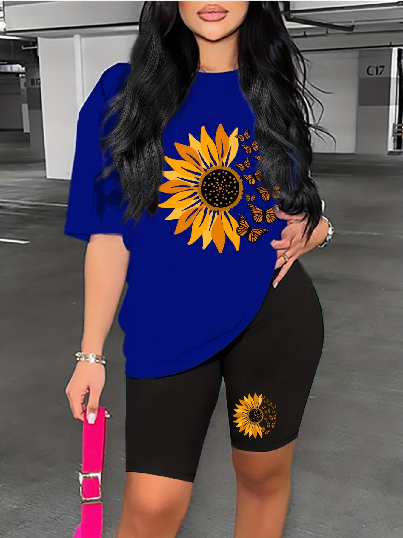 Flower & Butterfly Lounge Set Short Sleeve Top & Cozy Shorts