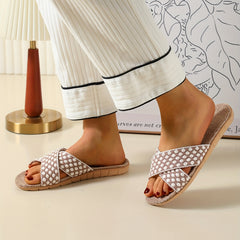 Women's Linen Flat Slides Cross Strap Floral Non Slip Shoes