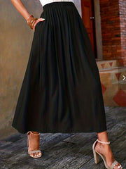 Solid Maxi Skirt Women's Plus Elastic High Rise with Pockets