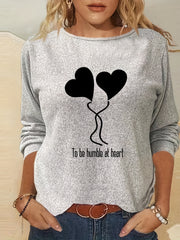 Heart Print Long Sleeve Crew Neck T-shirt Women's Casual Top