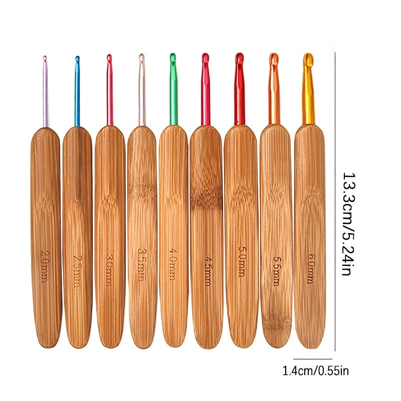 9pcs Bamboo Handle Crochet Wool Crochet Hand DIY Knitting Tools for Beginners