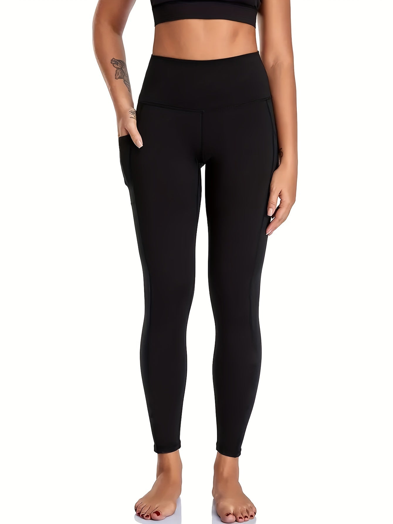 Solid Sports Leggings With Pocket High Stretch Yoga Workout Tight Pants