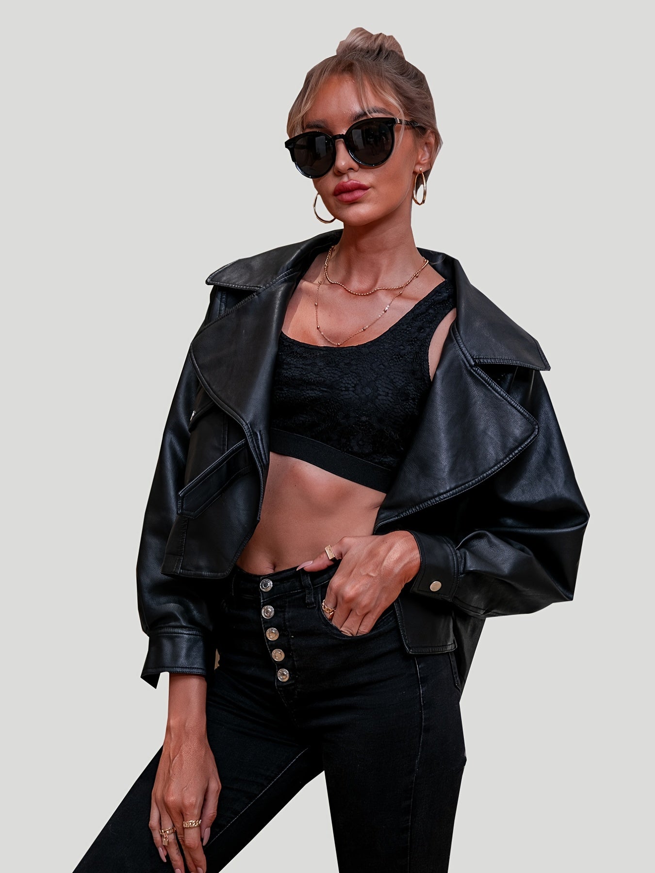 Drop Shoulder Lapel Oversized Jacket Faux Leather Outwear