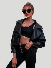 Drop Shoulder Lapel Oversized Jacket Faux Leather Outwear