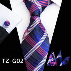 Men's Plaid Pattern Tie Pocket Scarf Cuff Set For Suits