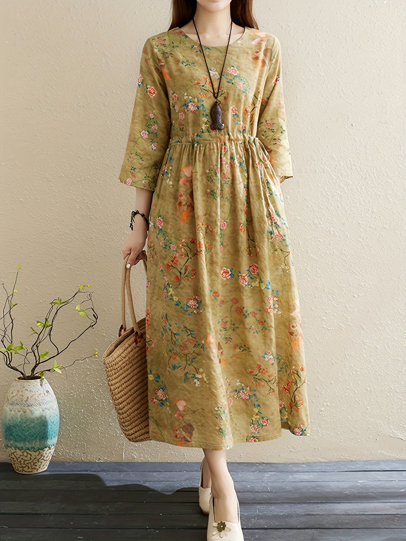 Vintage Floral Print Dress Crew Neck 3 4 Sleeve Dress Women's Clothing