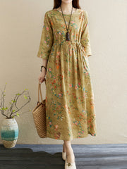 Vintage Floral Print Dress Crew Neck 3 4 Sleeve Dress Women's Clothing