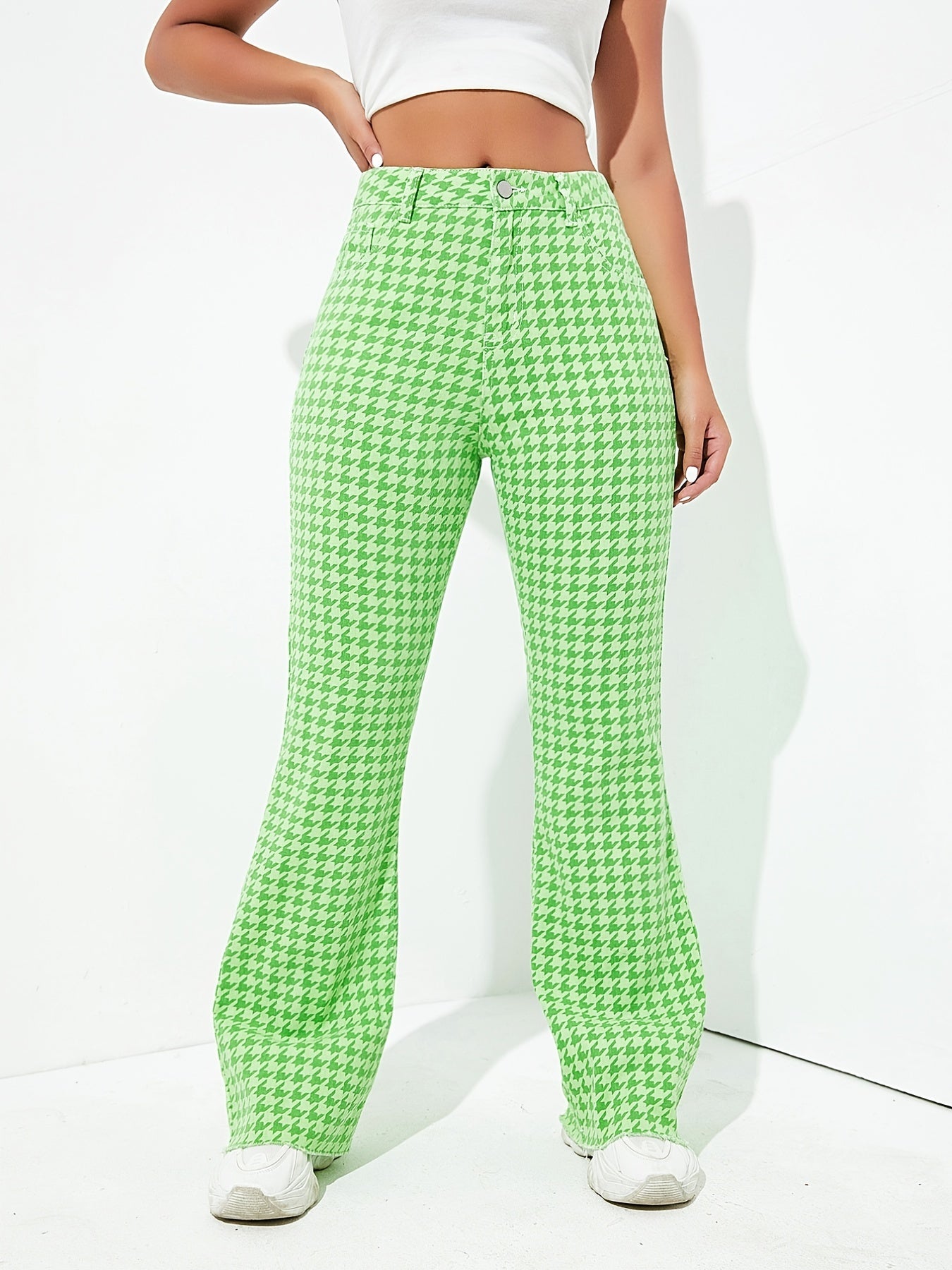 Green Houndstooth Bell Bottom Slim Fit High Waist Y2K Trousers Pants
