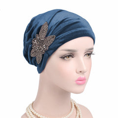 Beaded Flower Turban Cap Hat Accessories Turban Hat Velvet Pleated Hood Beanie