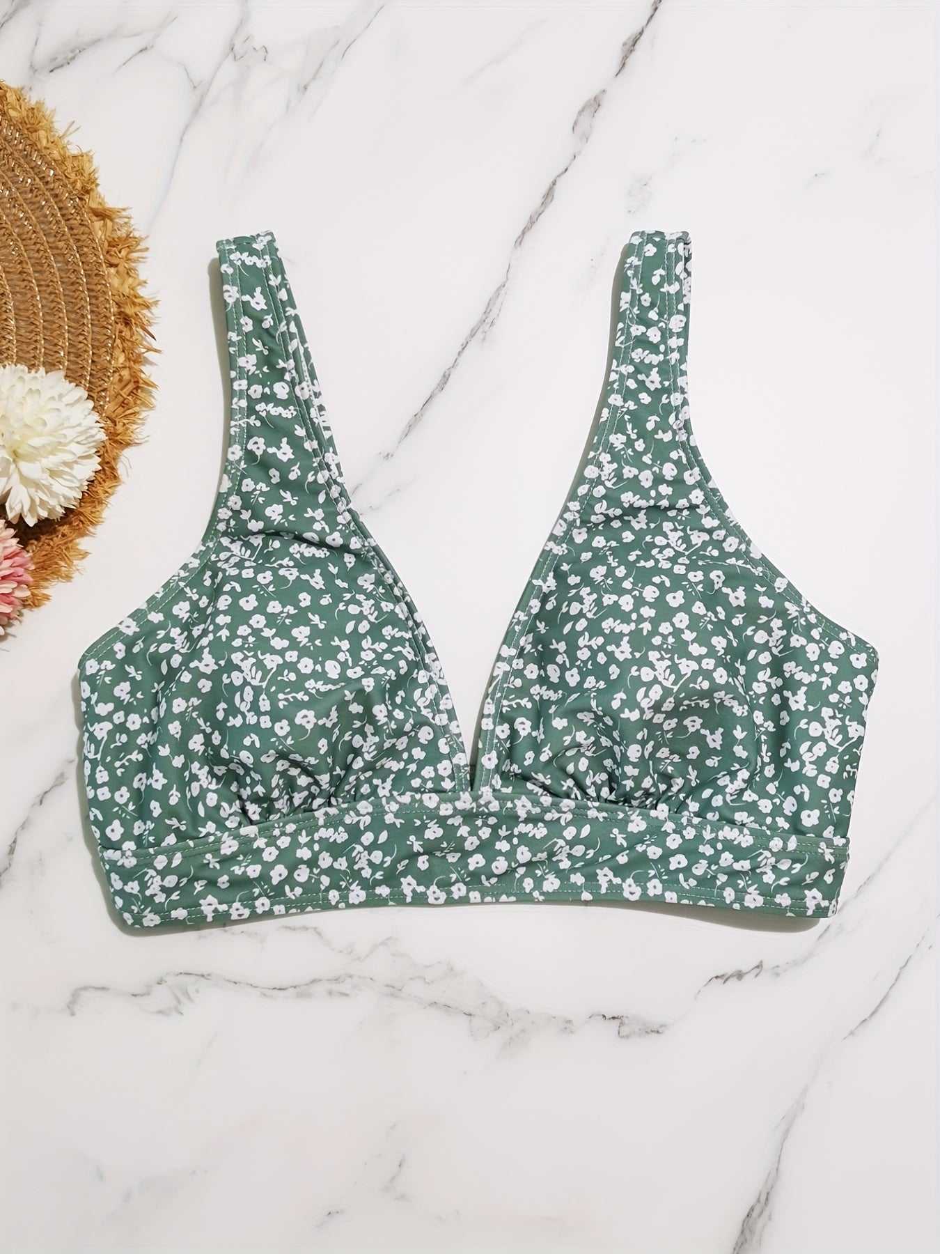 Floral Print Bikini Top V Neck Beachwear Women's Swimwear