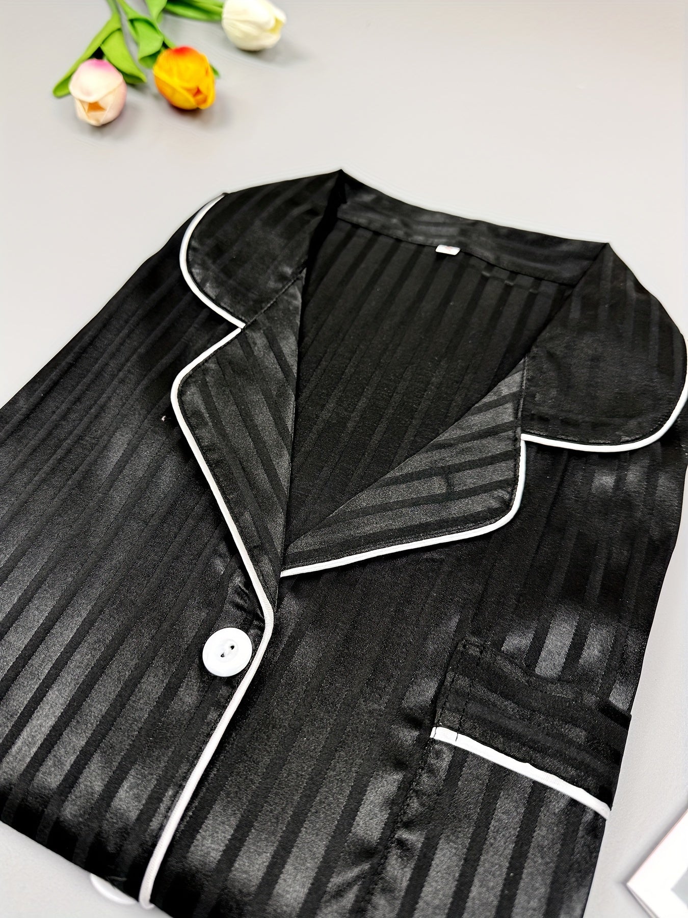 Striped Satin Pajama Set Long Sleeve Top & Pants Women's Sleepwear