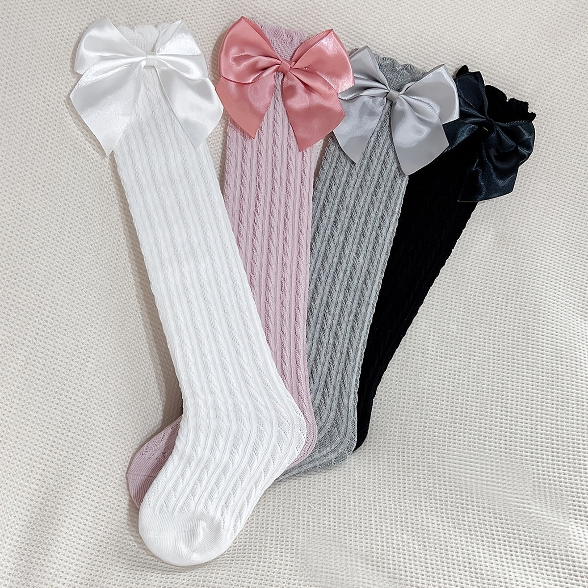 4 Pairs Girls Breathable Mesh Cable Knit Knee High Socks with Satin Bow