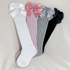 4 Pairs Girls Breathable Mesh Cable Knit Knee High Socks with Satin Bow