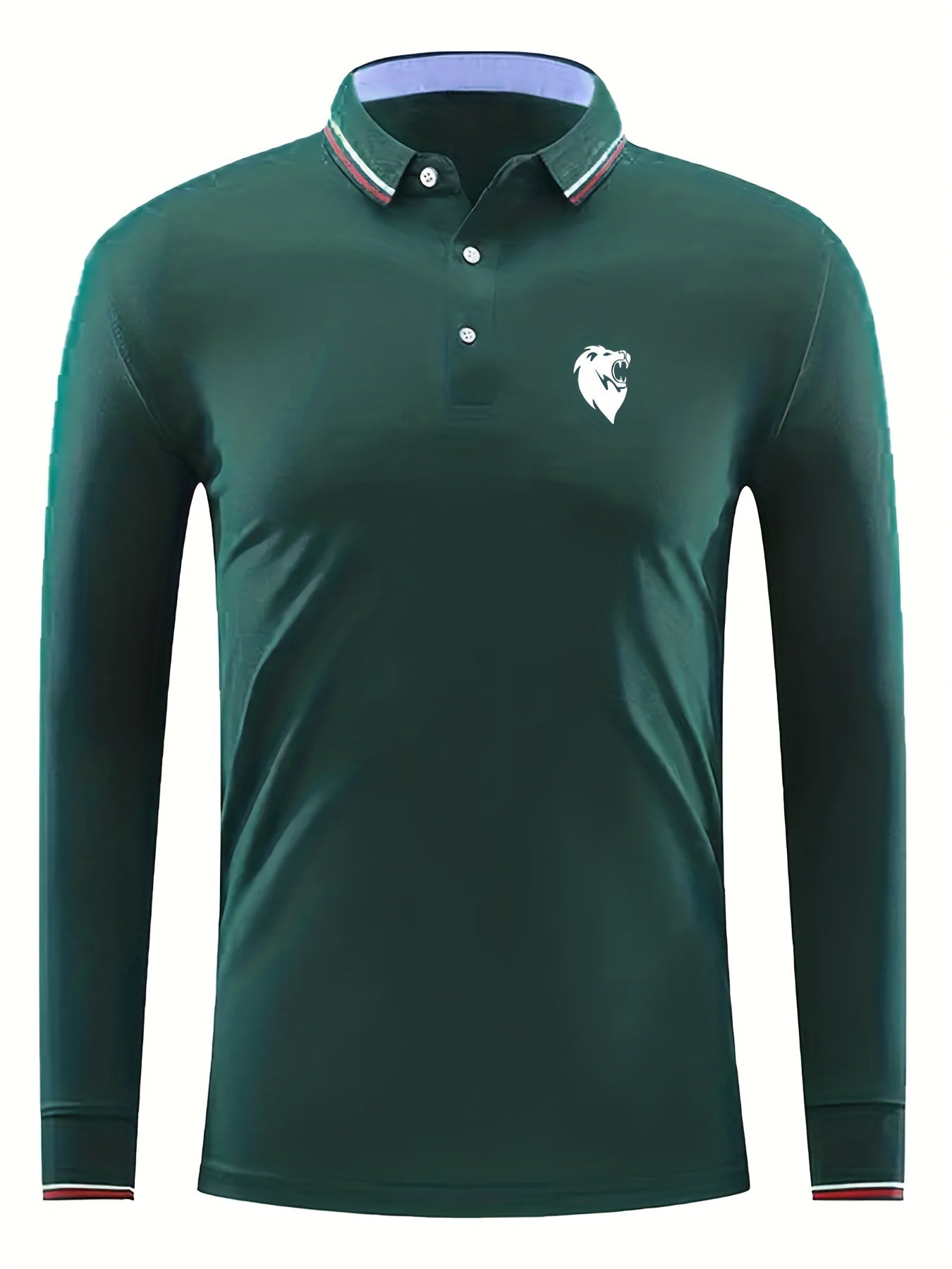 Men's Lion Head Print Long Sleeve Polo Shirt Casual Slightly Stretch