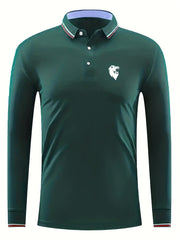 Men's Lion Head Print Long Sleeve Polo Shirt Casual Slightly Stretch
