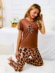 Leopard Pajama Set Short Sleeve Top & Pants Women's Sleepwear