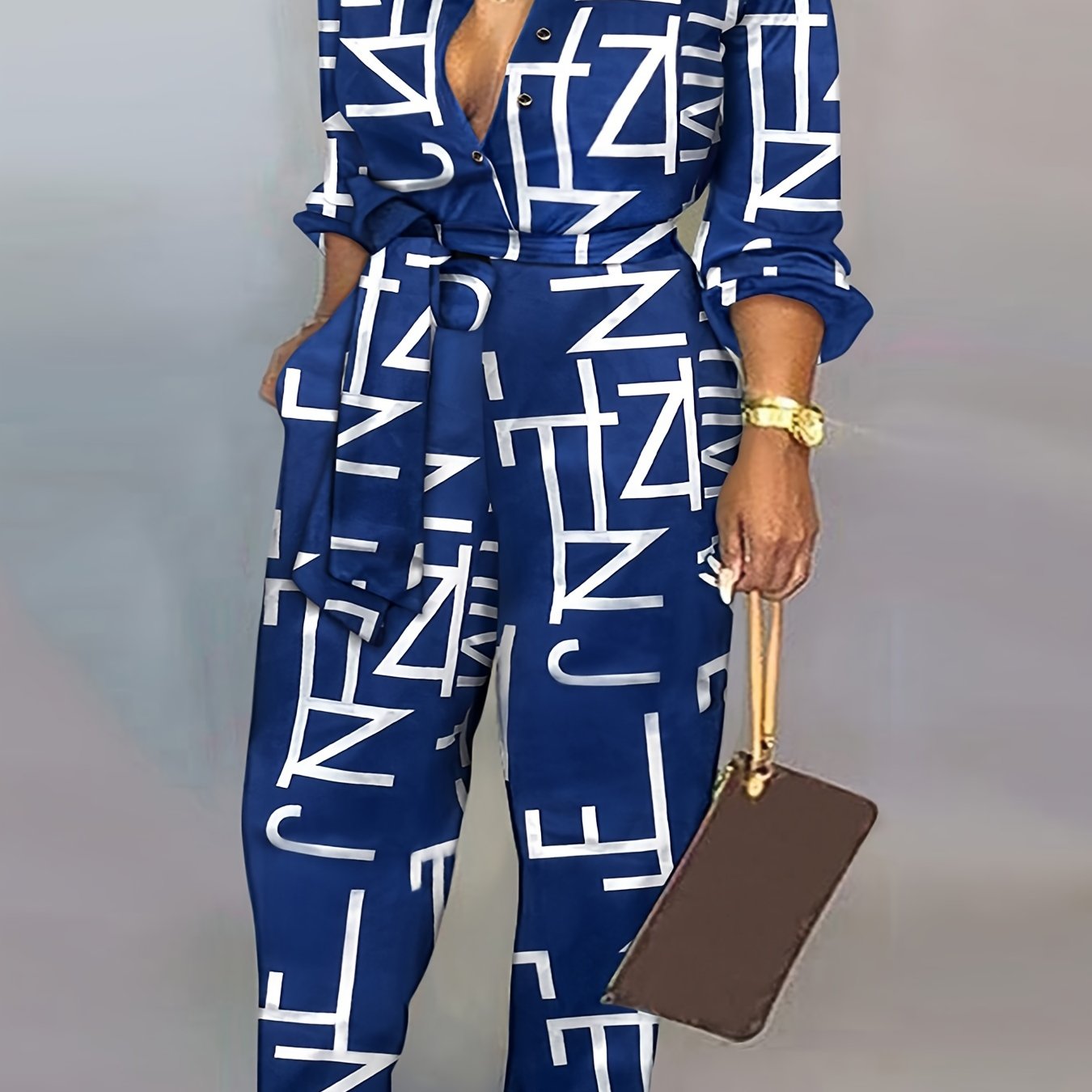 Letter Print V Neck Long Sleeve Jumpsuit With Belt